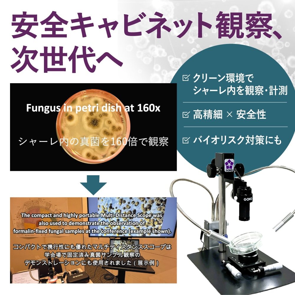 安全キャビネット観察、次世代へ。クリーン環境で   シャーレ内を観察・計測   高精細 × 安全性 バイオリスク対策にも。EV-6HD